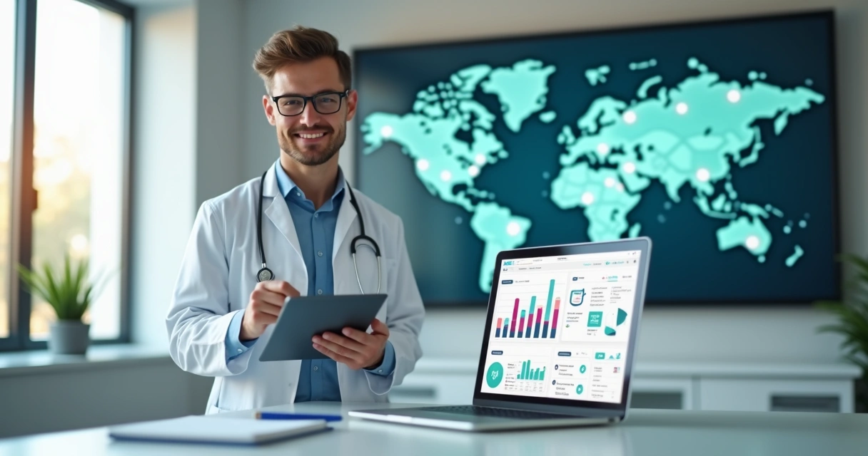 Médico em consultório moderno analisando gráficos de marketing digital em um tablet 