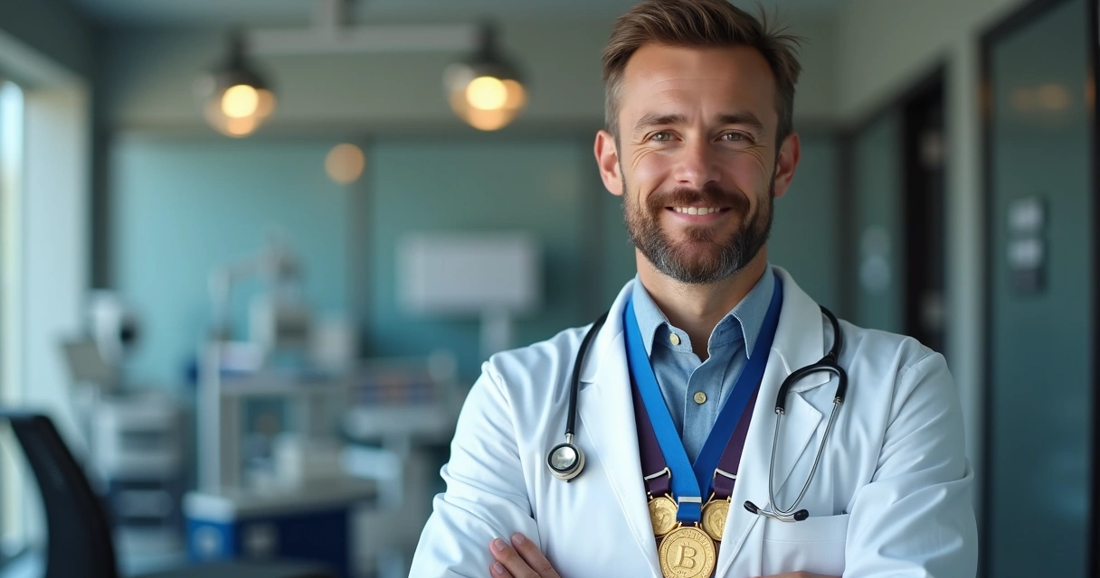 Médico com jaleco usando medalhas que simbolizam reconhecimento profissional 