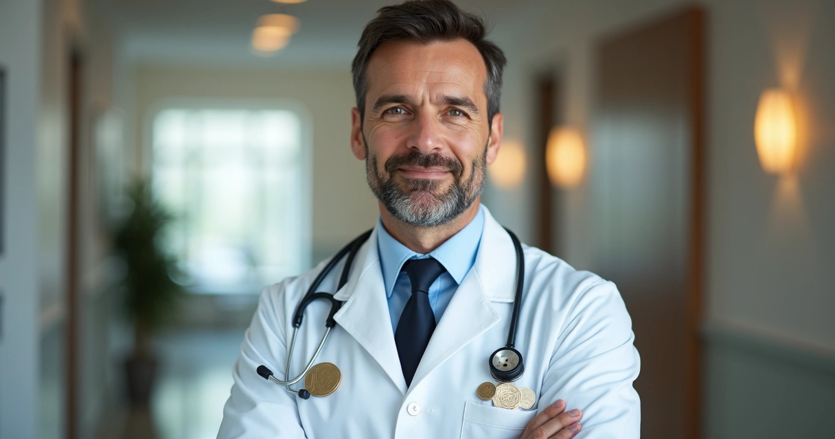 Médico usando jaleco branco com medalhas no peito diante de ambiente clínico, transmitindo autoridade e reconhecimento.