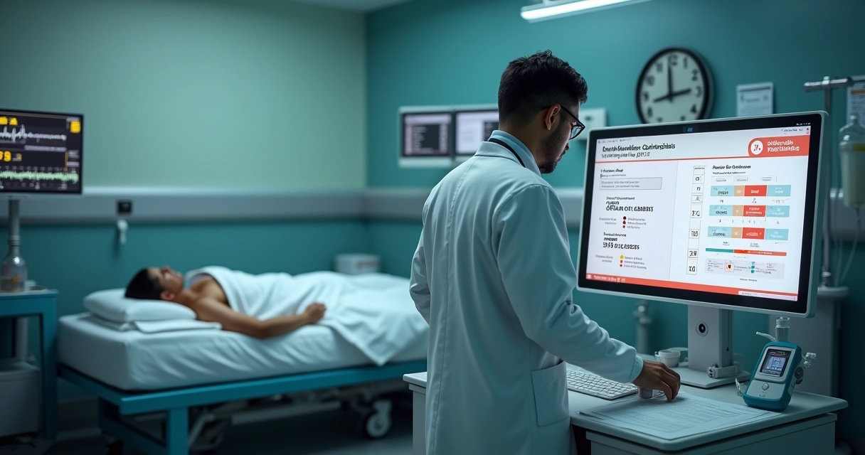 Médico analisando exames de cetoacidose diabética em sala de emergência 