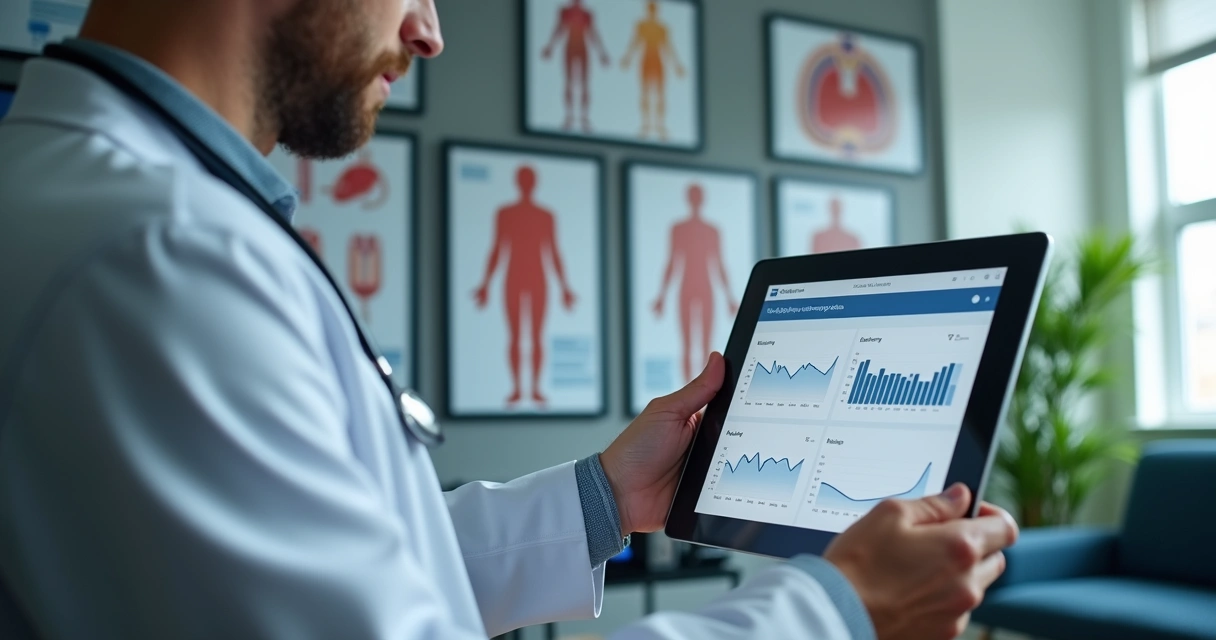 Médico analisando exames cardiometabólicos em consultório