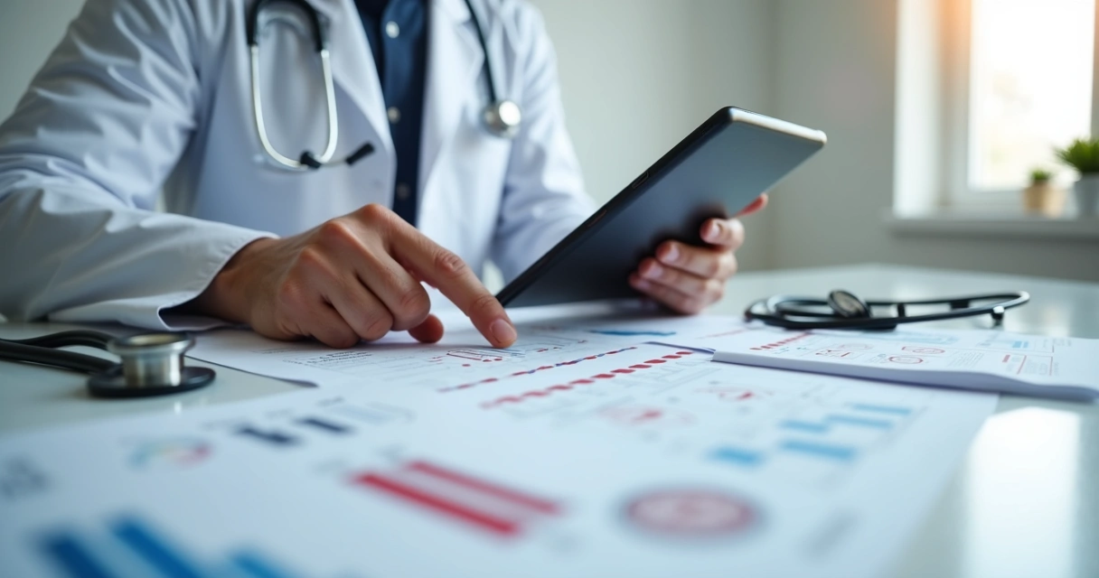 Médico avaliando exames em consultório moderno