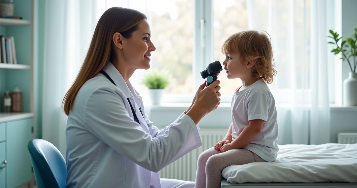 Médico examinando ouvido de uma criança pequena em consultório 