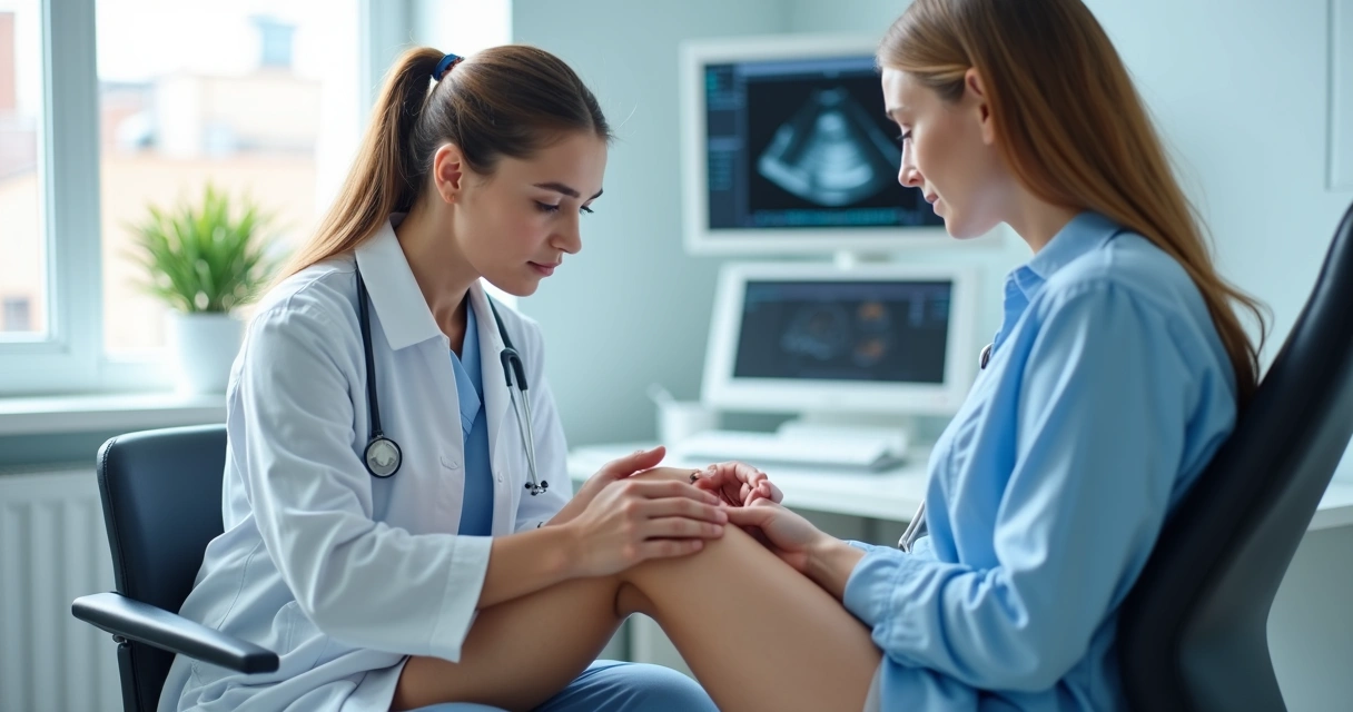 Médico avaliando pernas em consulta de acompanhamento vascular