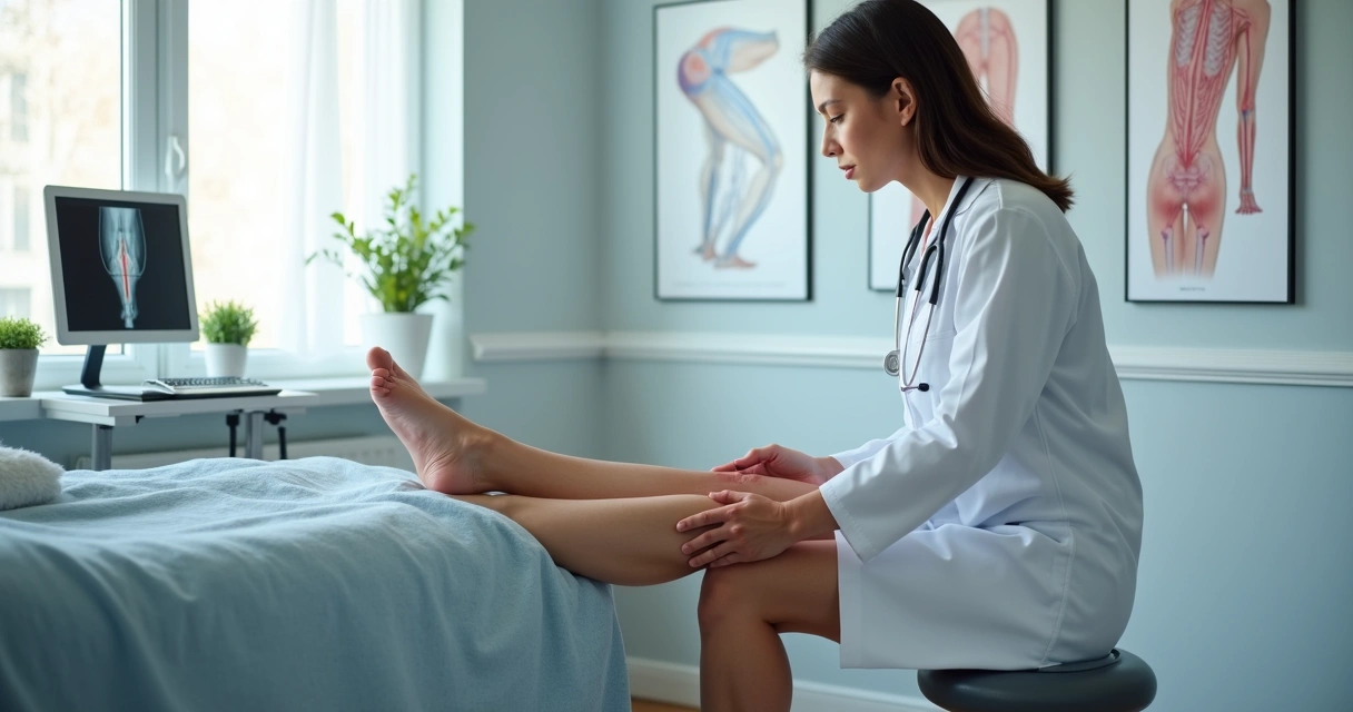 Médico vascular examinando perna inchada com suspeita de trombose 