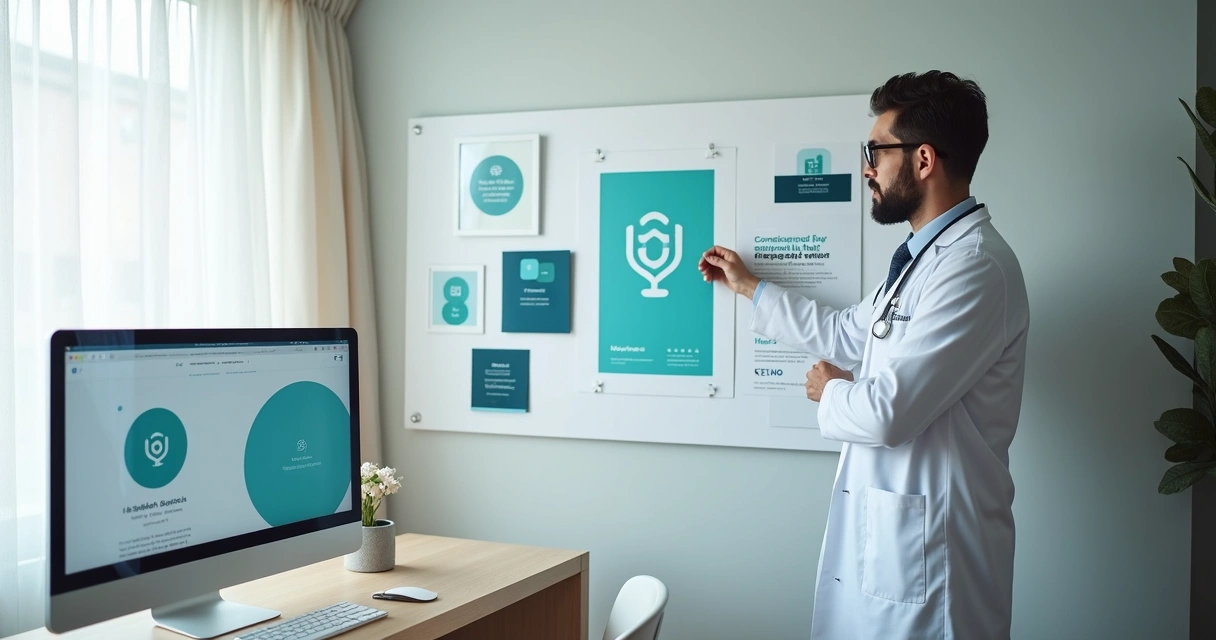 Médico monta mural com elementos de branding e identidade digital 