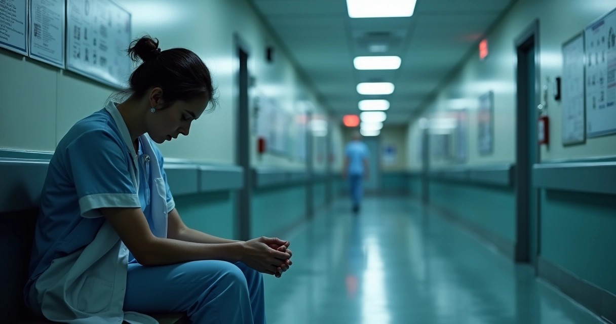 Profissional de saúde exausto sentado sozinho em corredor de hospital 