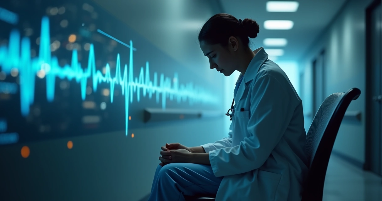 Médico exausto com dupla exposição de cidade à noite e batimentos cardíacos 