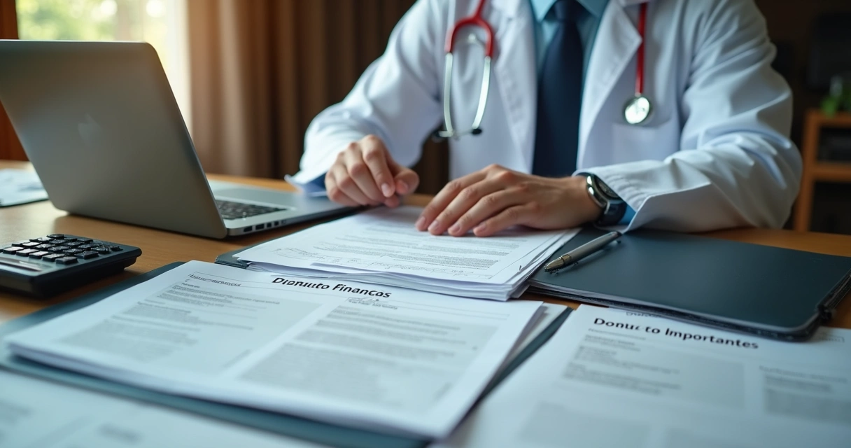 Médico sentado à mesa analisando documentos financeiros e computador.