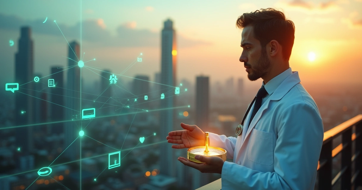 Médico segurando bússola dourada sobre cidade digitalizada 