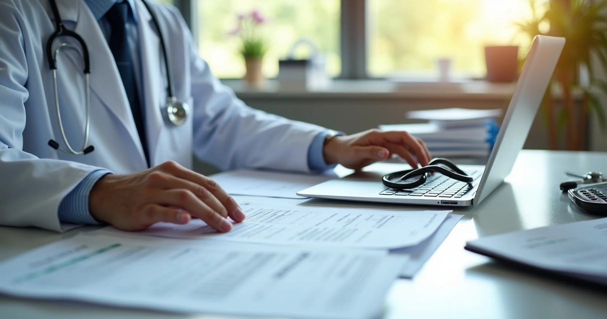 Médico analisando notas fiscais e calculadora no escritório 