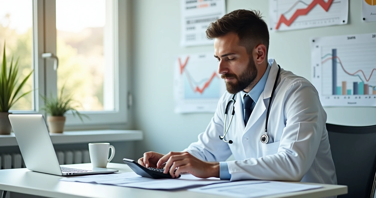 Médico usando calculadora e notebook para calcular impostos