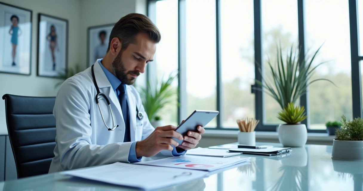 Médico calculando valores para tratamentos de varizes em consultório moderno, usando tablet e anotações com gráficos ao fundo 