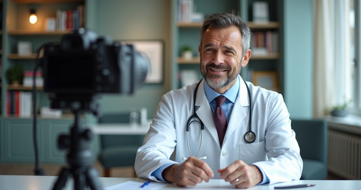 Médico com jaleco gravando vídeo em consultório, olhando para a câmera, fundo com livros e diplomas. 