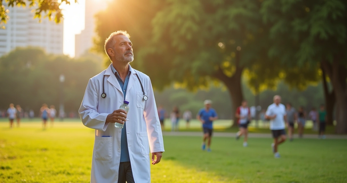 Médico caminhando em parque fora do turno