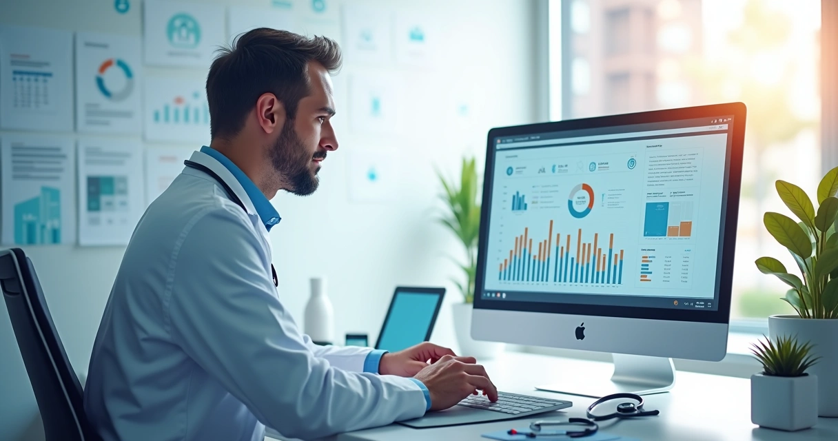 Médico analisando resultados no computador em ambiente moderno