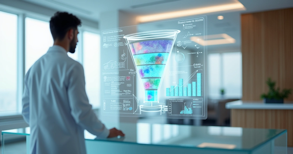 Médico observa painel digital com funil de captação de pacientes 