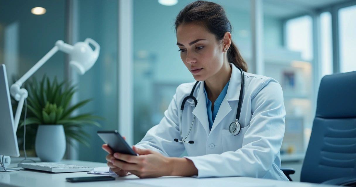 Médico sentado em consultório digitando mensagem no celular 