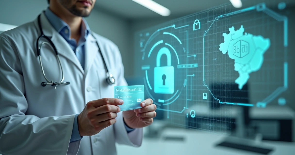 Médico segurando cartão de certificação digital em ambiente moderno de tecnologia em saúde 