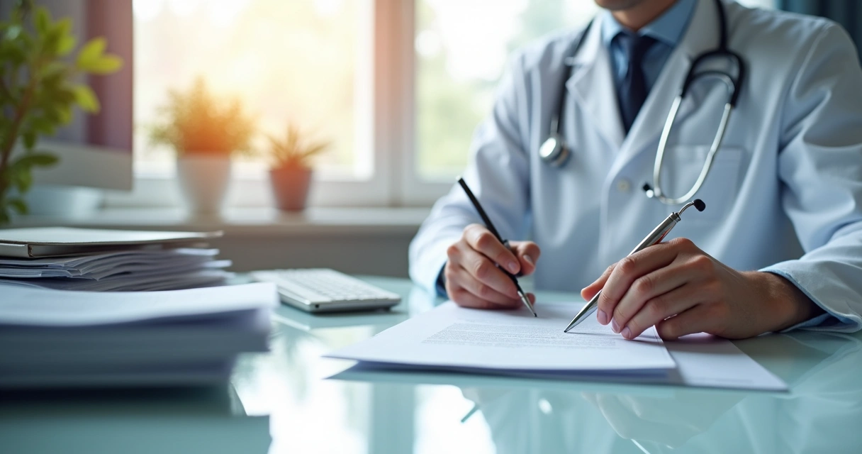 Médico assinando documento digital em computador