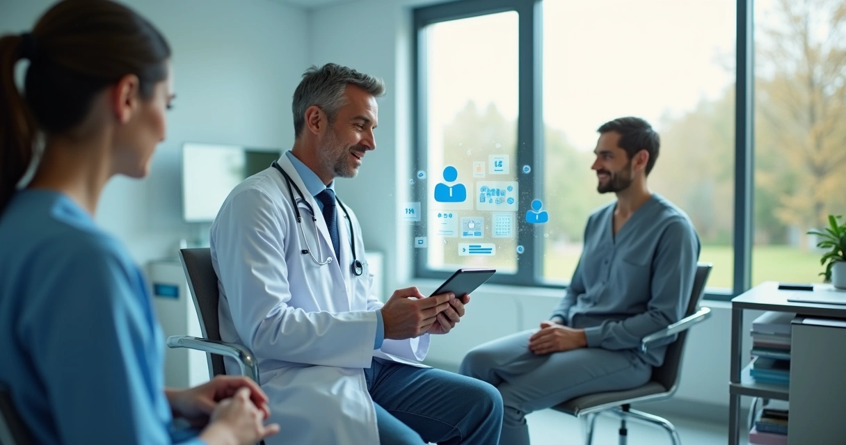 Médico consultando tablet com interface de IA e paciente em sala de clínica moderna 