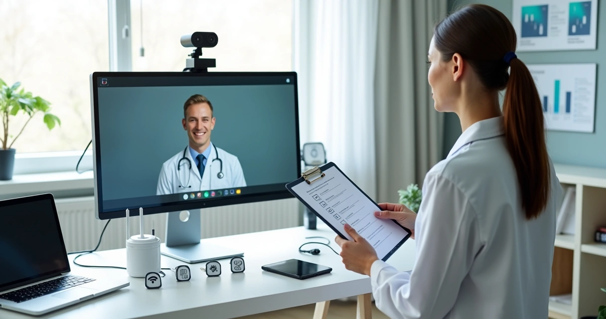 Médico confere checklist de equipamentos antes de teleconsulta 