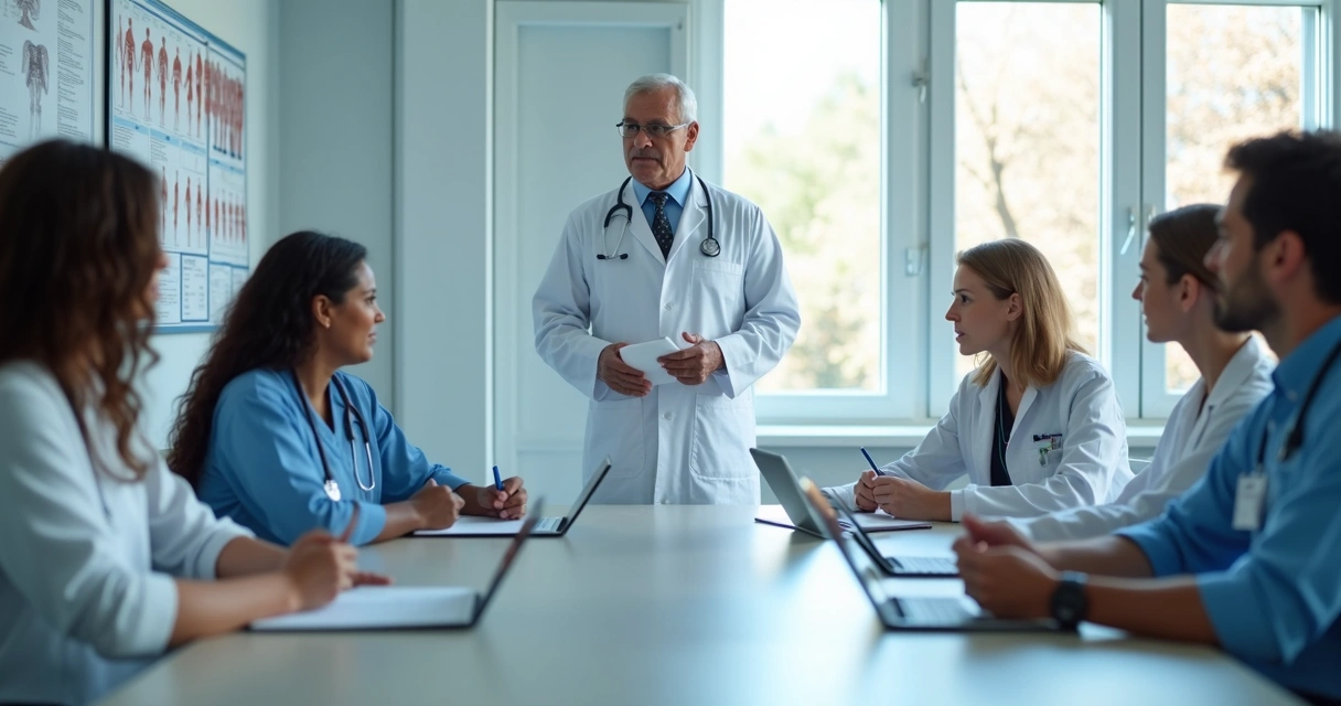 Médico chefe liderando reunião com equipe de saúde 