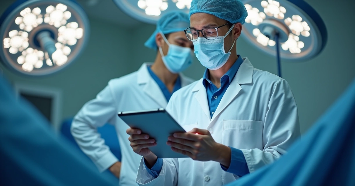 Cirurgião consultando OKRs em tablet no centro cirúrgico 