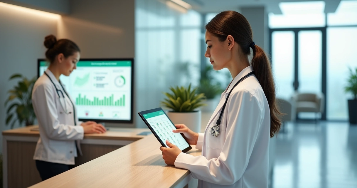 Médica em consultório olhando agenda digital cheia de consultas confirmadas 