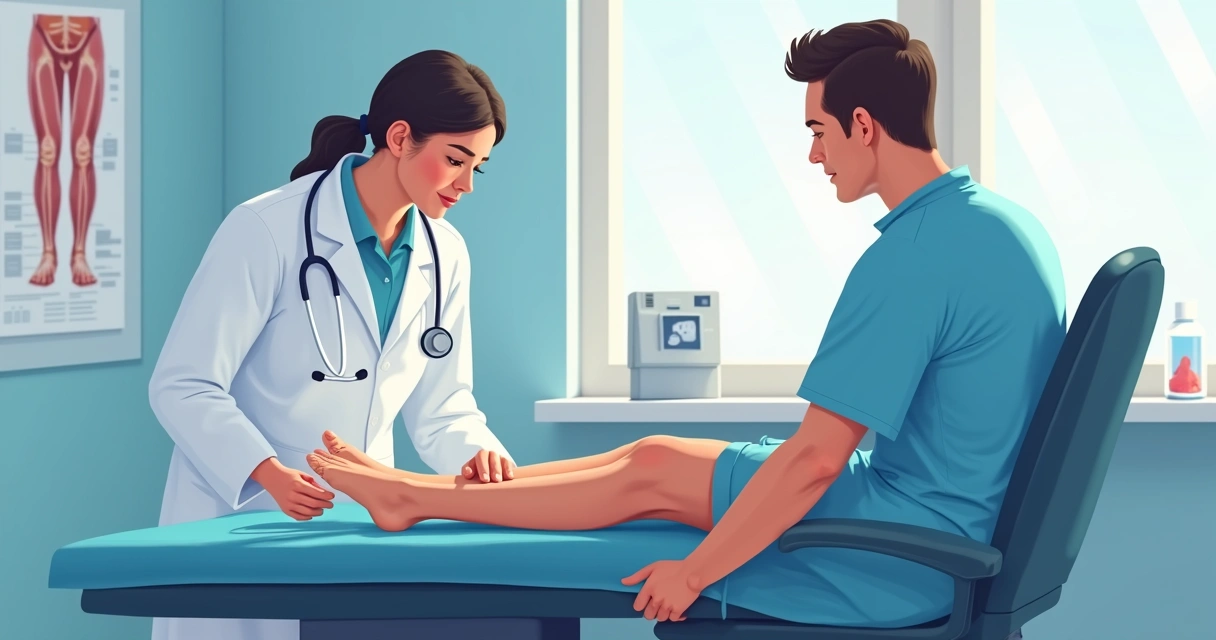 Médico avalia paciente para exame vascular em mesa de atendimento