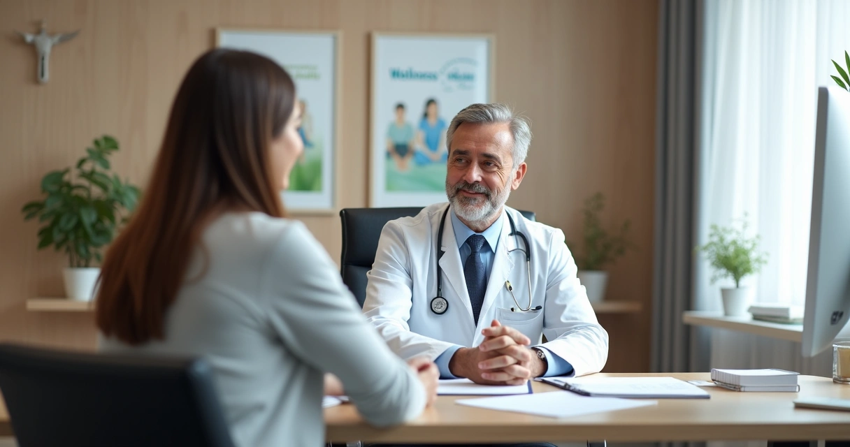 Médico conversando com paciente em consultório moderno