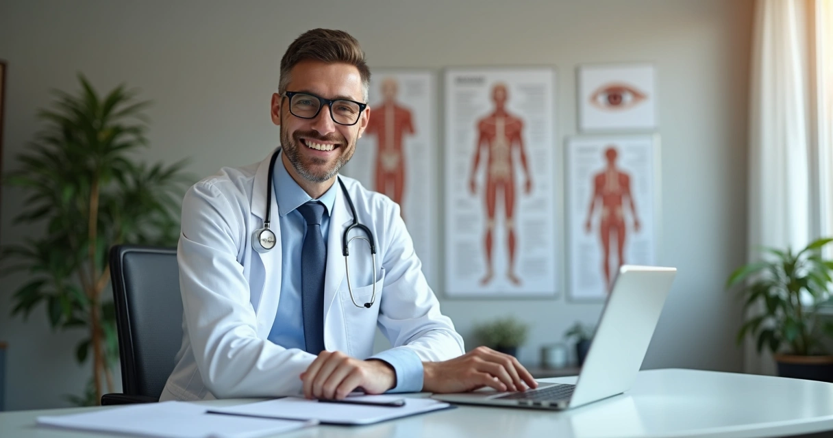 Médico em consultório satisfeito e sorrindo 