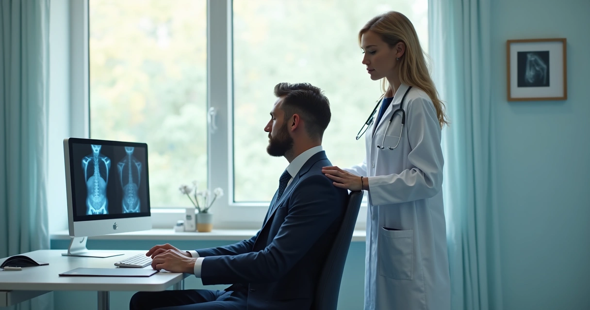 Médico examinando funcionário administrativo em consultório 