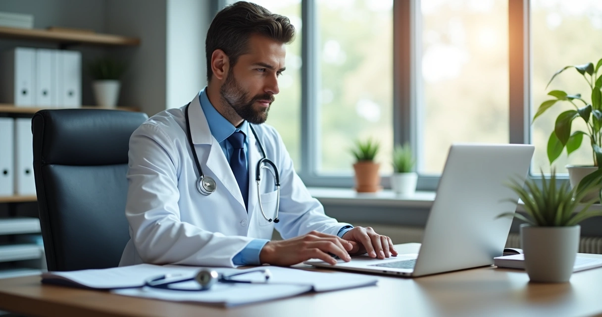 Médico analisando planilha financeira em consultório 