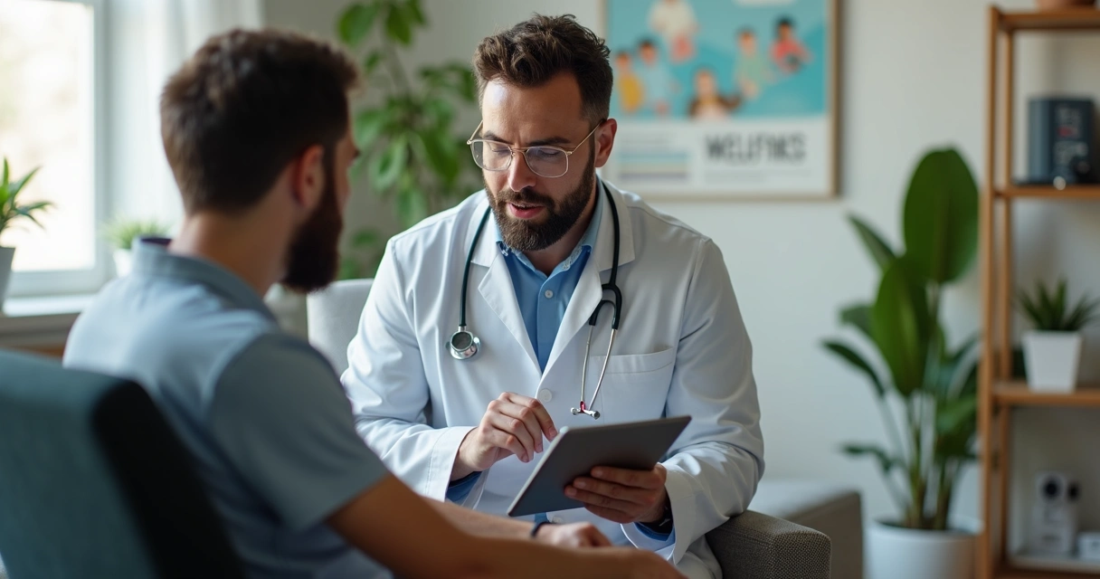 Médico consultando tablet com resultados de exames