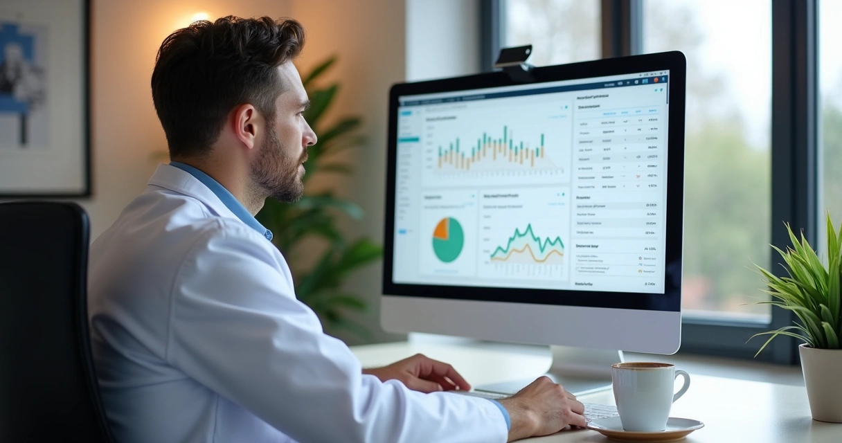 Médico analisando gráficos de campanha de remarketing no computador 