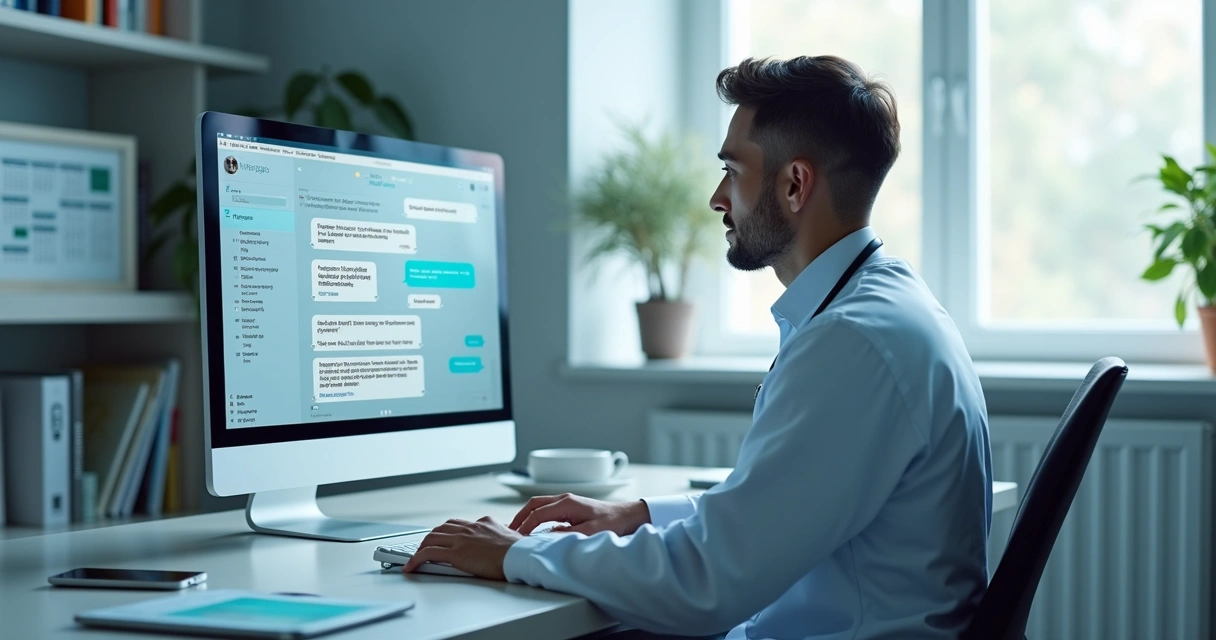 Médico interagindo com computador que exibe chatbot para atendimento ao paciente online 
