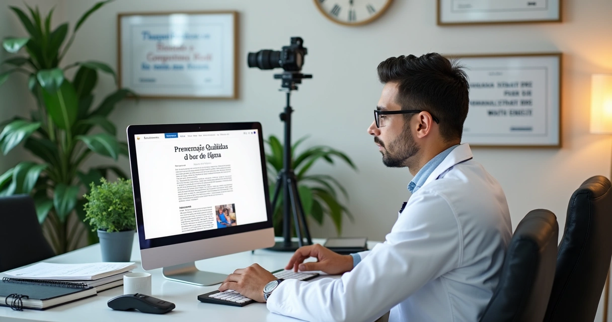 Médico produzindo conteúdo digital no computador 