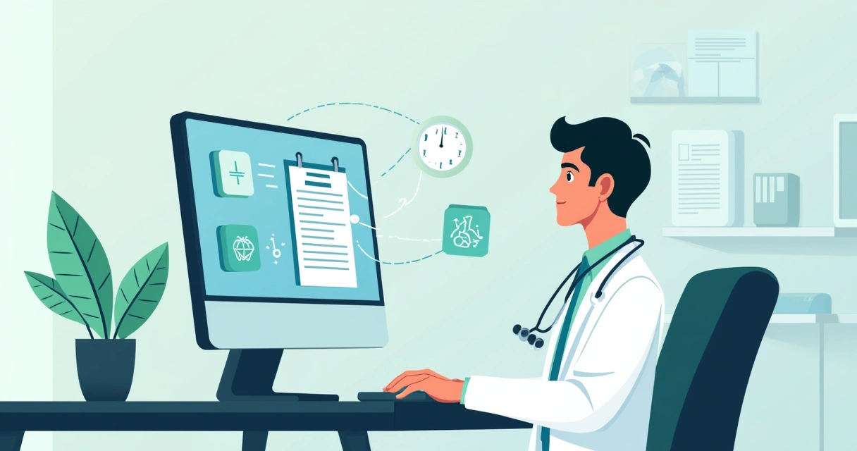 Médico usando computador para preencher guia médica, com elementos tecnológicos na tela 