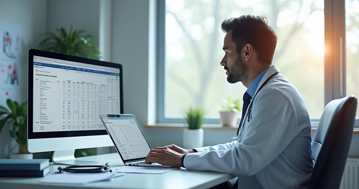 Médico analisando planilha de precificação de tratamentos vasculares em consultório moderno 