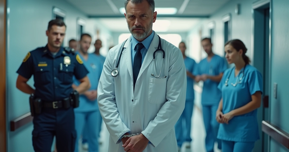 Médico de jaleco sendo algemado por policial em hospital 