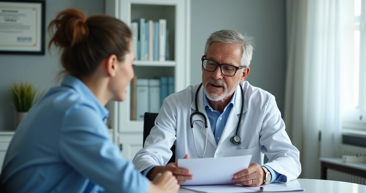 Médico orientando paciente sobre saúde e gestão de riscos em consultório. 