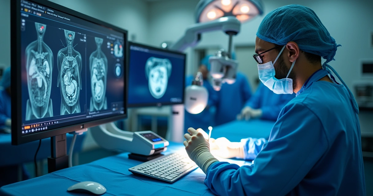 Médico no console comandando cirurgia robótica com foco e precisão