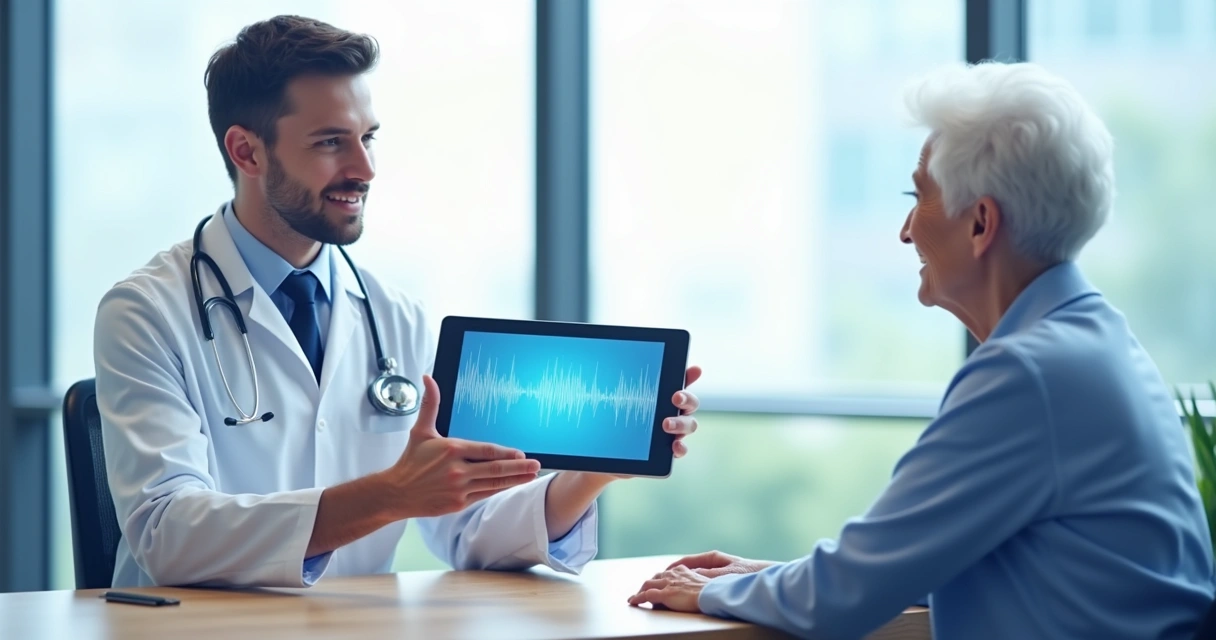 Médico realizando consulta com tablet e paciente à frente 