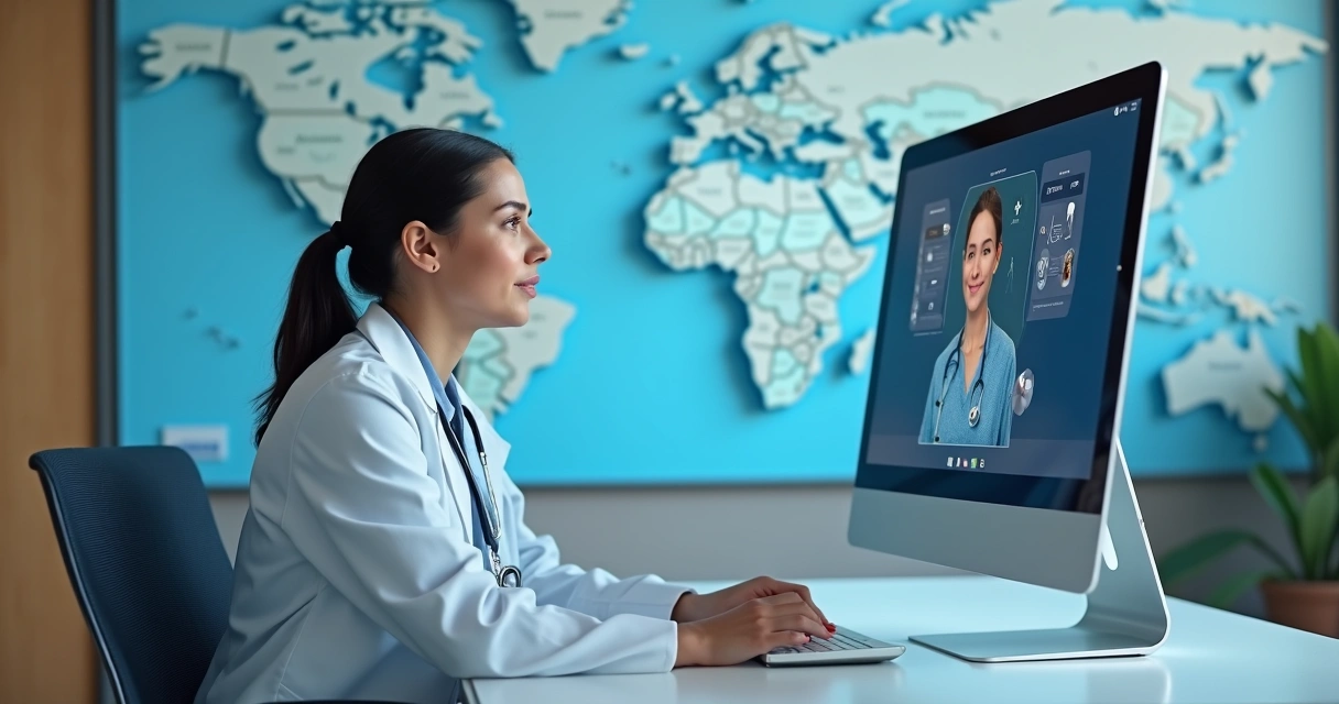Médico de jaleco em videochamada com paciente, com mapa-múndi ao fundo