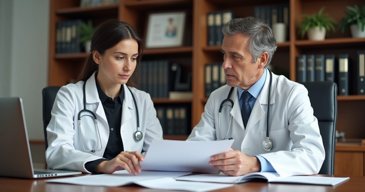 Advogado e médico em reunião analisando processo judicial 