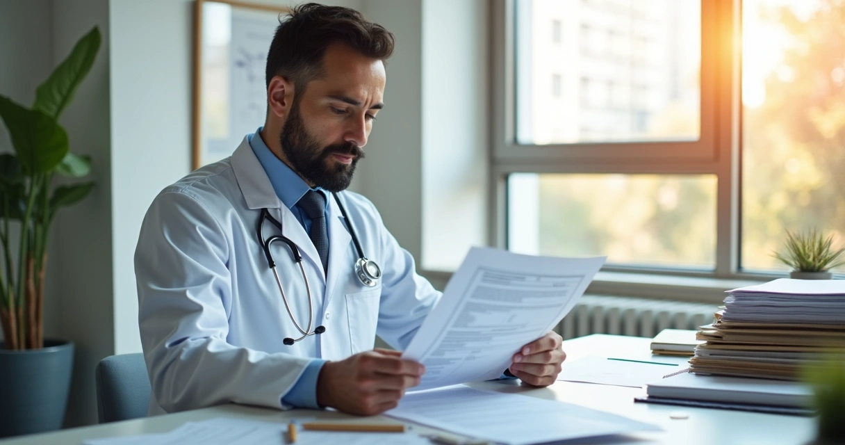Médico analisa detalhes de apólice de seguro no consultório 