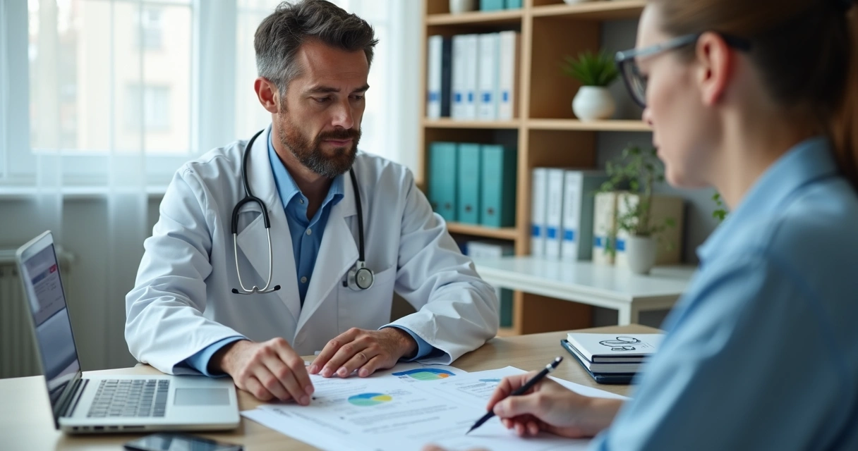 Médico conversando com contador em consultório 