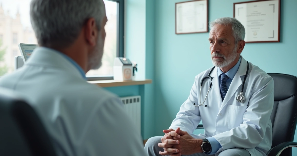 Médico conversando com paciente desanimado em consultório particular.