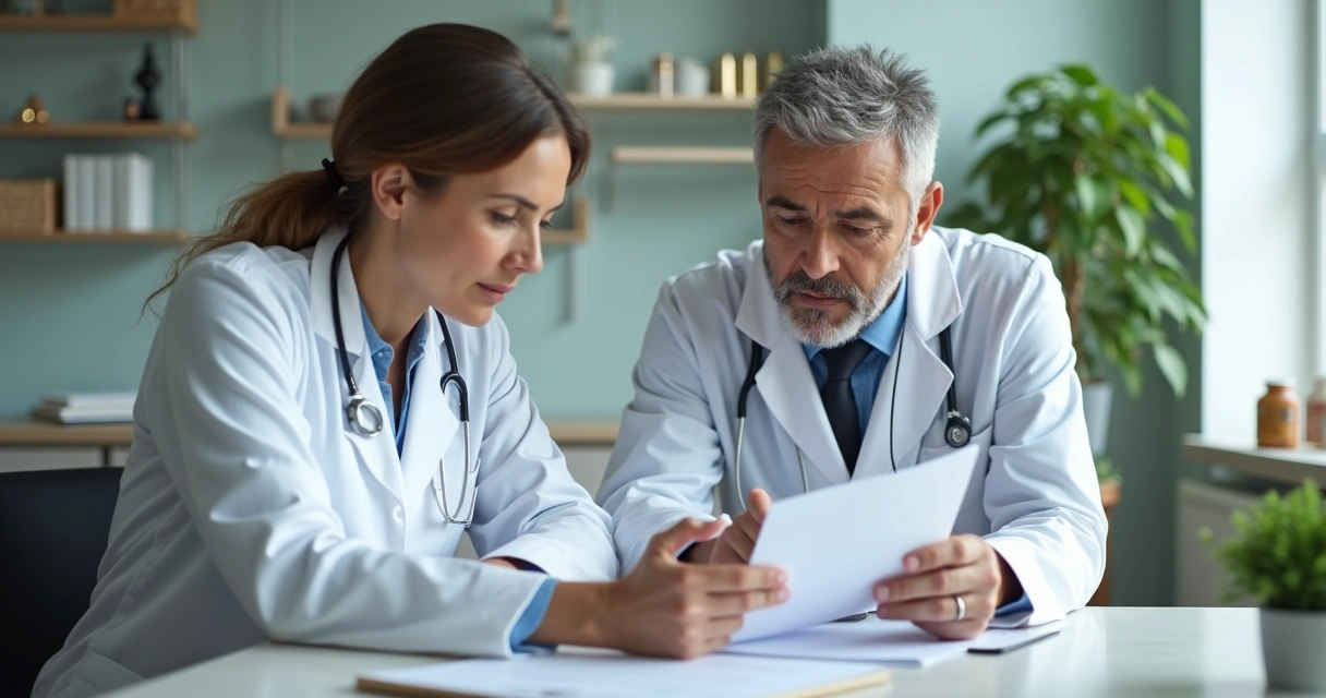 Consulta entre médico e paciente em consultório, discutindo exames 